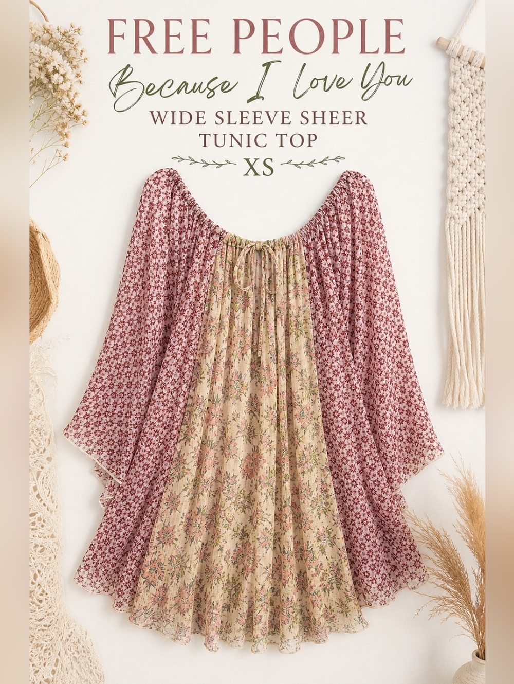 Free People Because I Love You Sheer Wide Sleeve Tunic Top XS Boho Floral